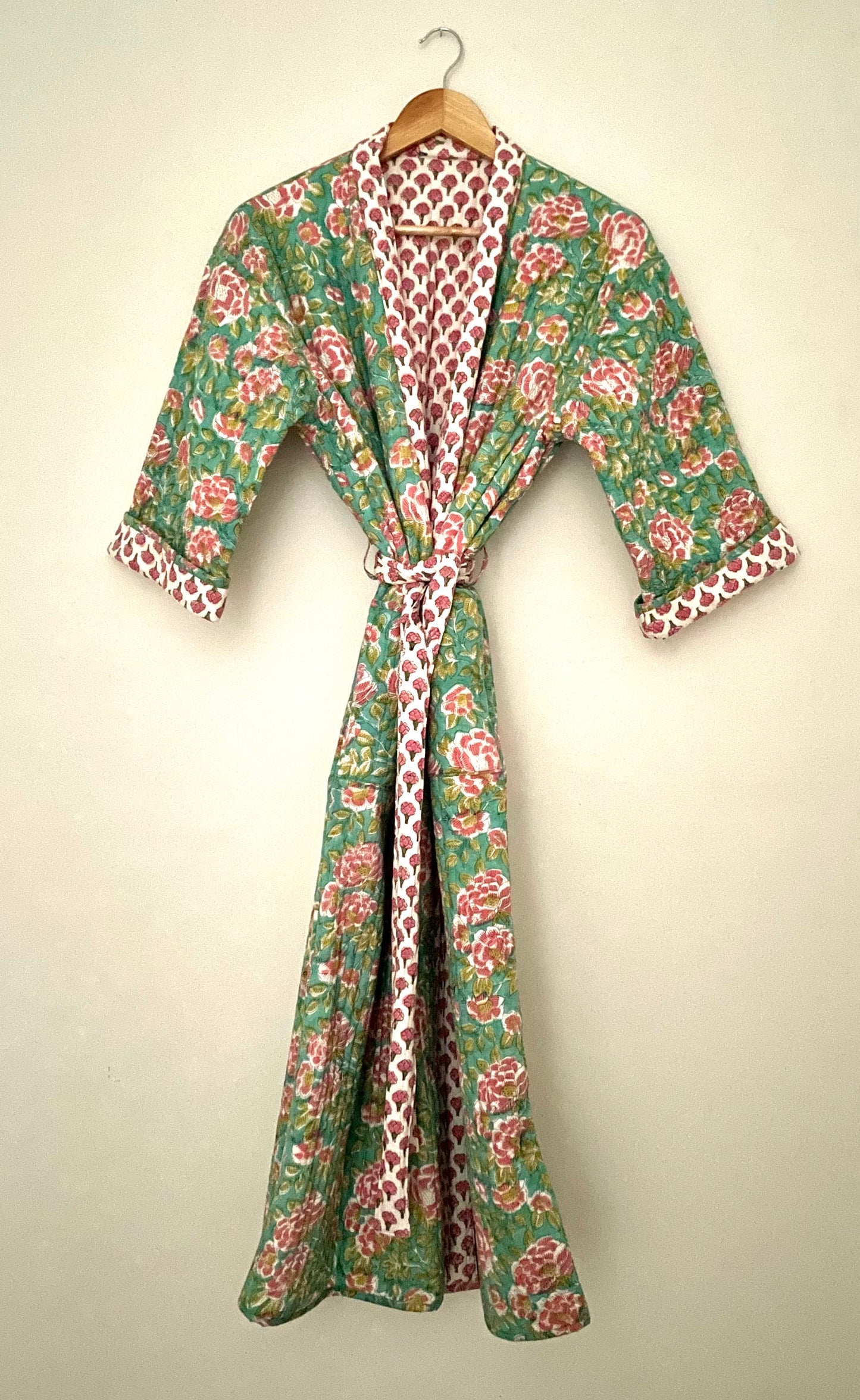 Pink Bouti and Green Jaal Reversible Quilted dressing gown/ House coat