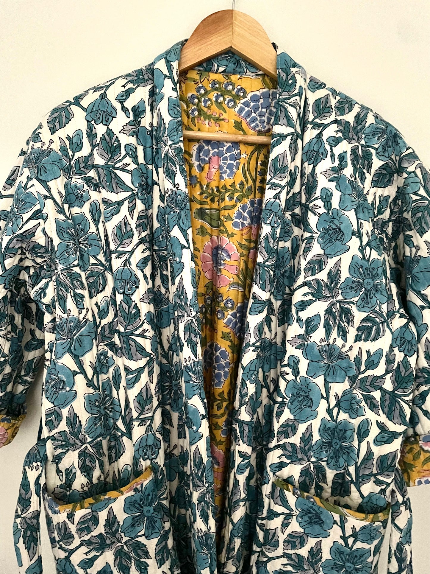 Blue Jaal and Yellow Reversible Quilted dressing gown/ House coat