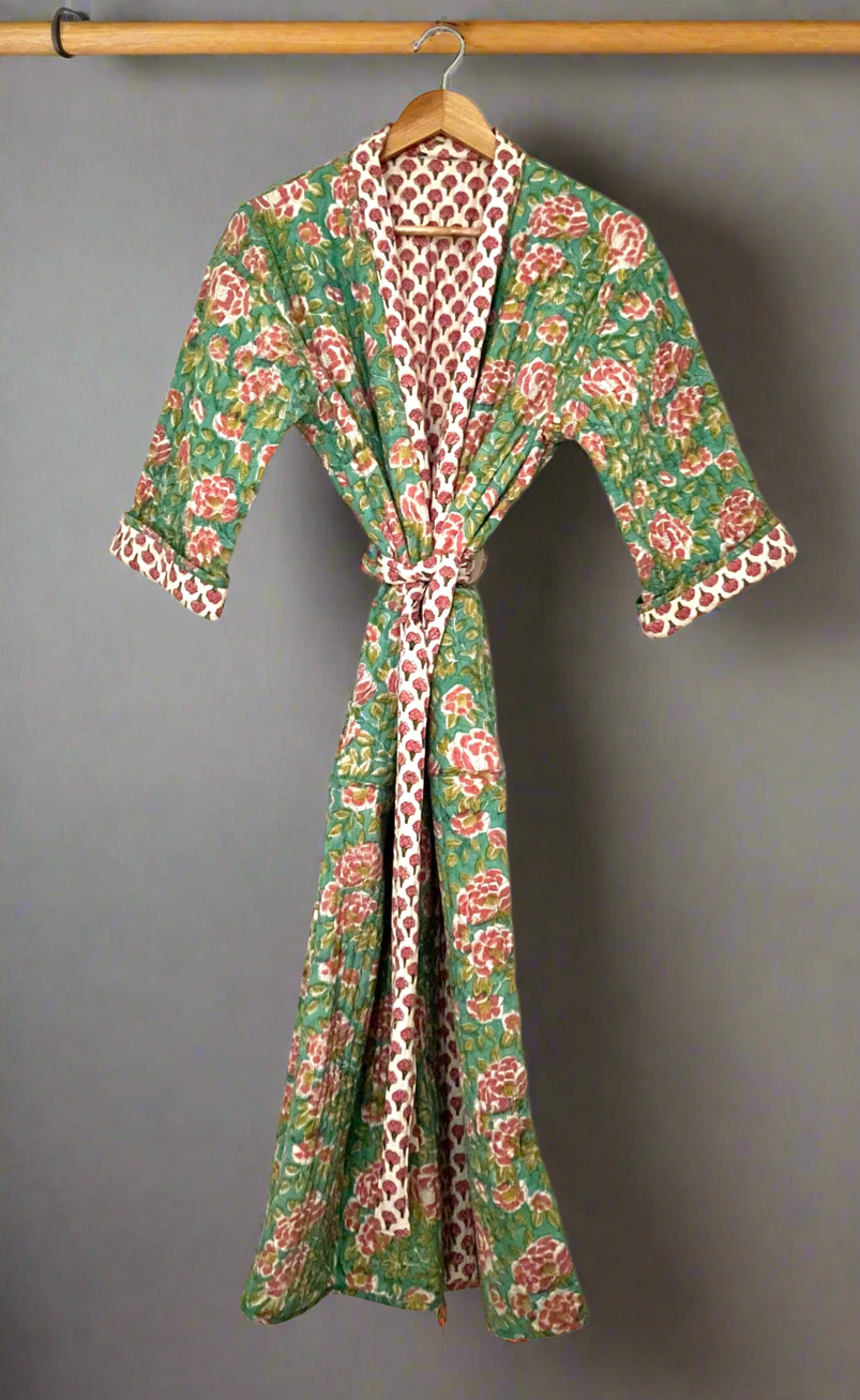 Pink Bouti and Green Jaal Reversible Quilted dressing gown/ House coat