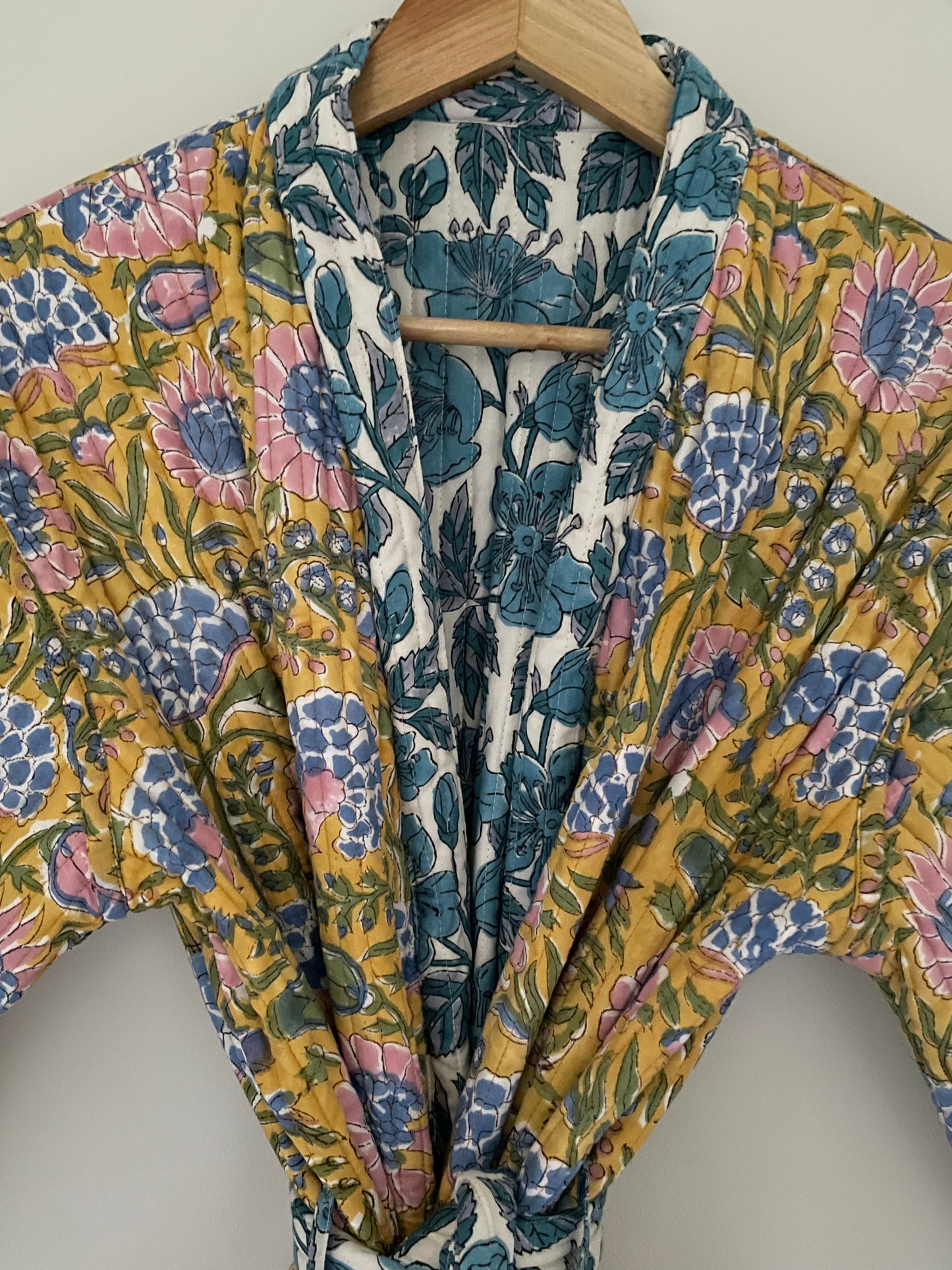 Blue Jaal and Yellow Reversible Quilted dressing gown/ House coat