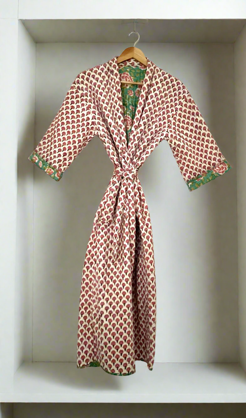 Pink Bouti and Green Jaal Reversible Quilted dressing gown/ House coat