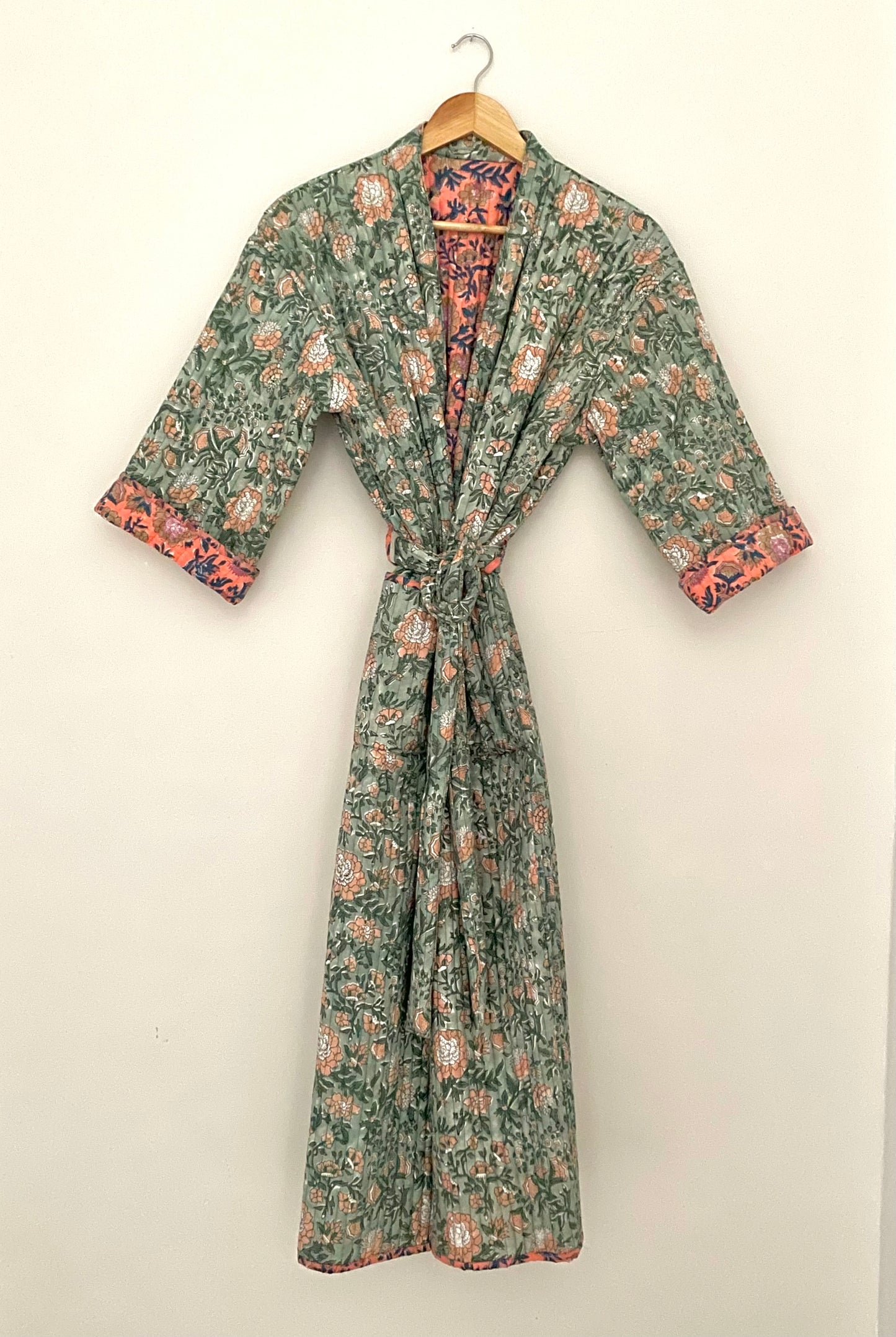 Light Coral and Sage green Reversible Quilted Dressing Gown/ House coat