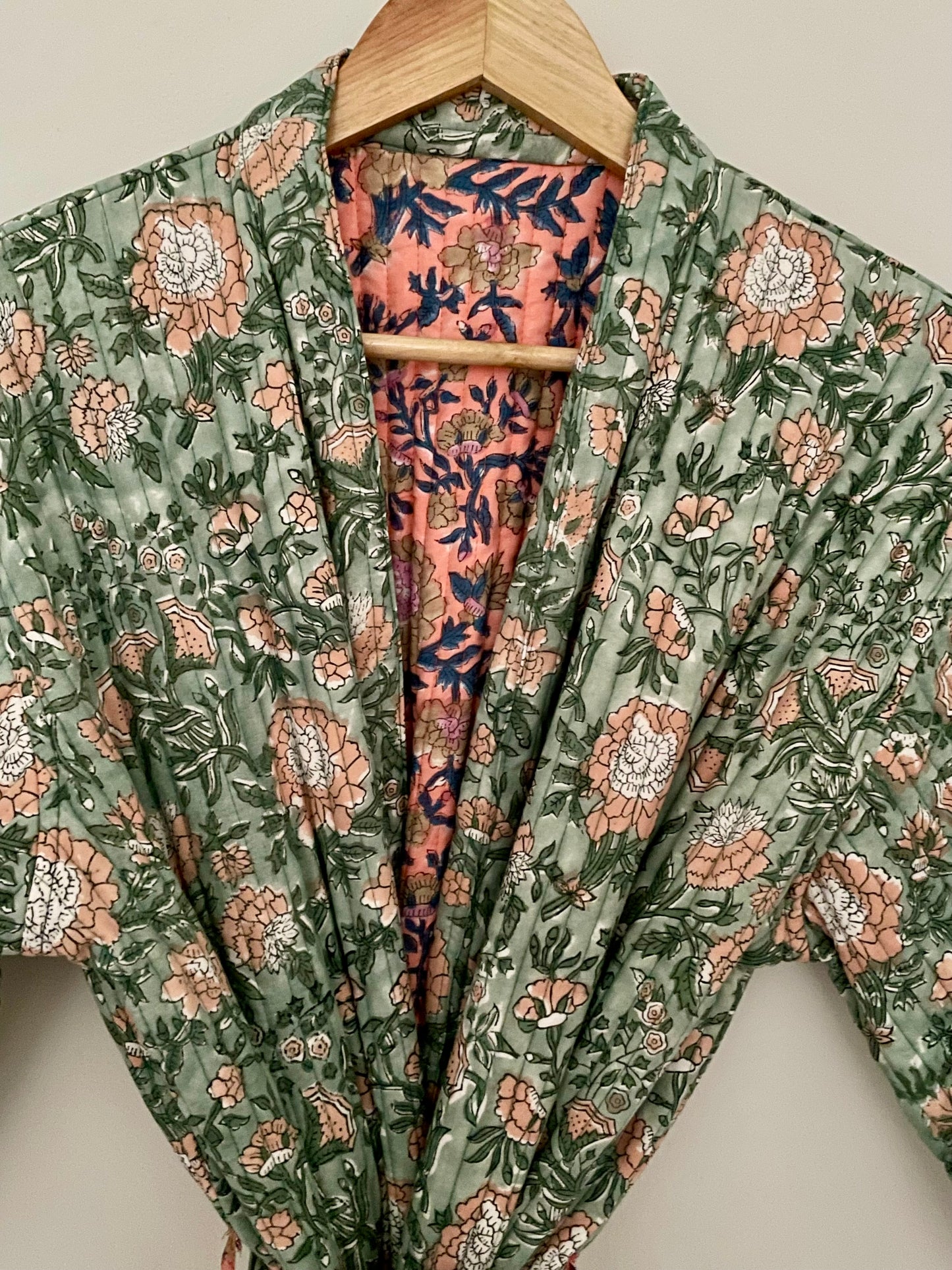 Light Coral and Sage green Reversible Quilted Dressing Gown/ House coat