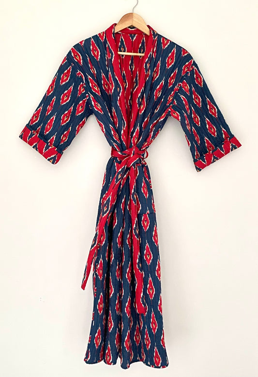 Ikat Indigo and Red Reversible Quilted dressing gown/House coat