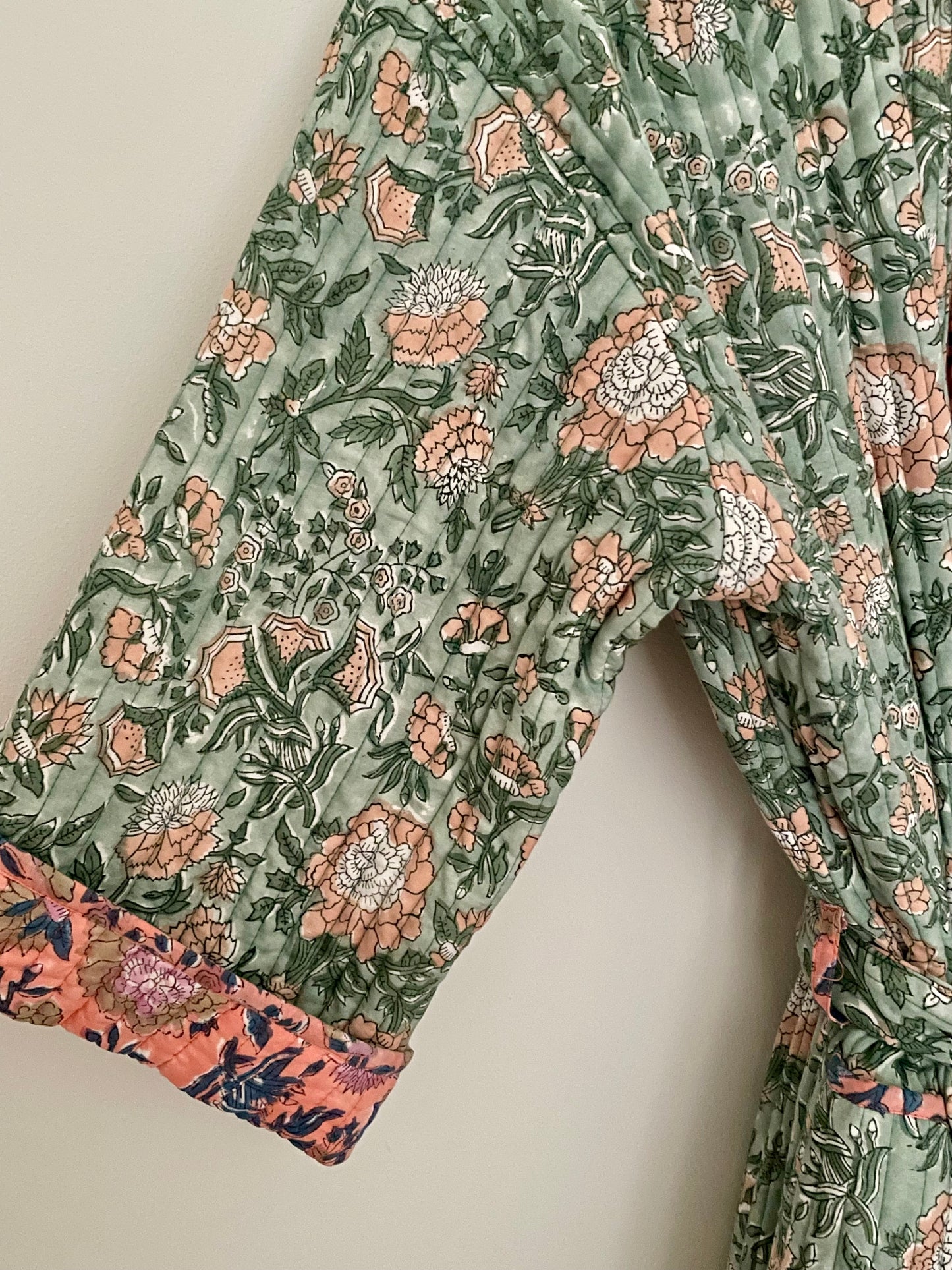 Light Coral and Sage green Reversible Quilted Dressing Gown/ House coat