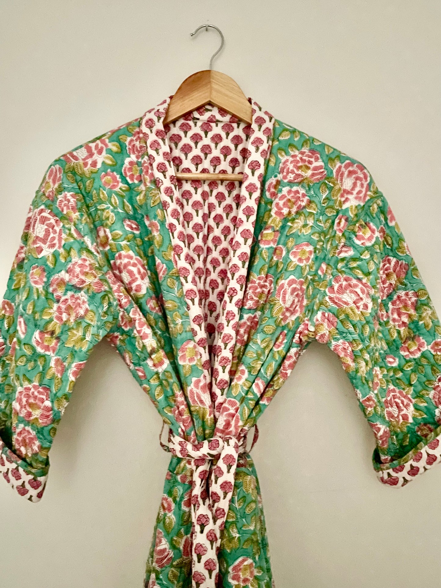 Pink Bouti and Green Jaal Reversible Quilted dressing gown/ House coat