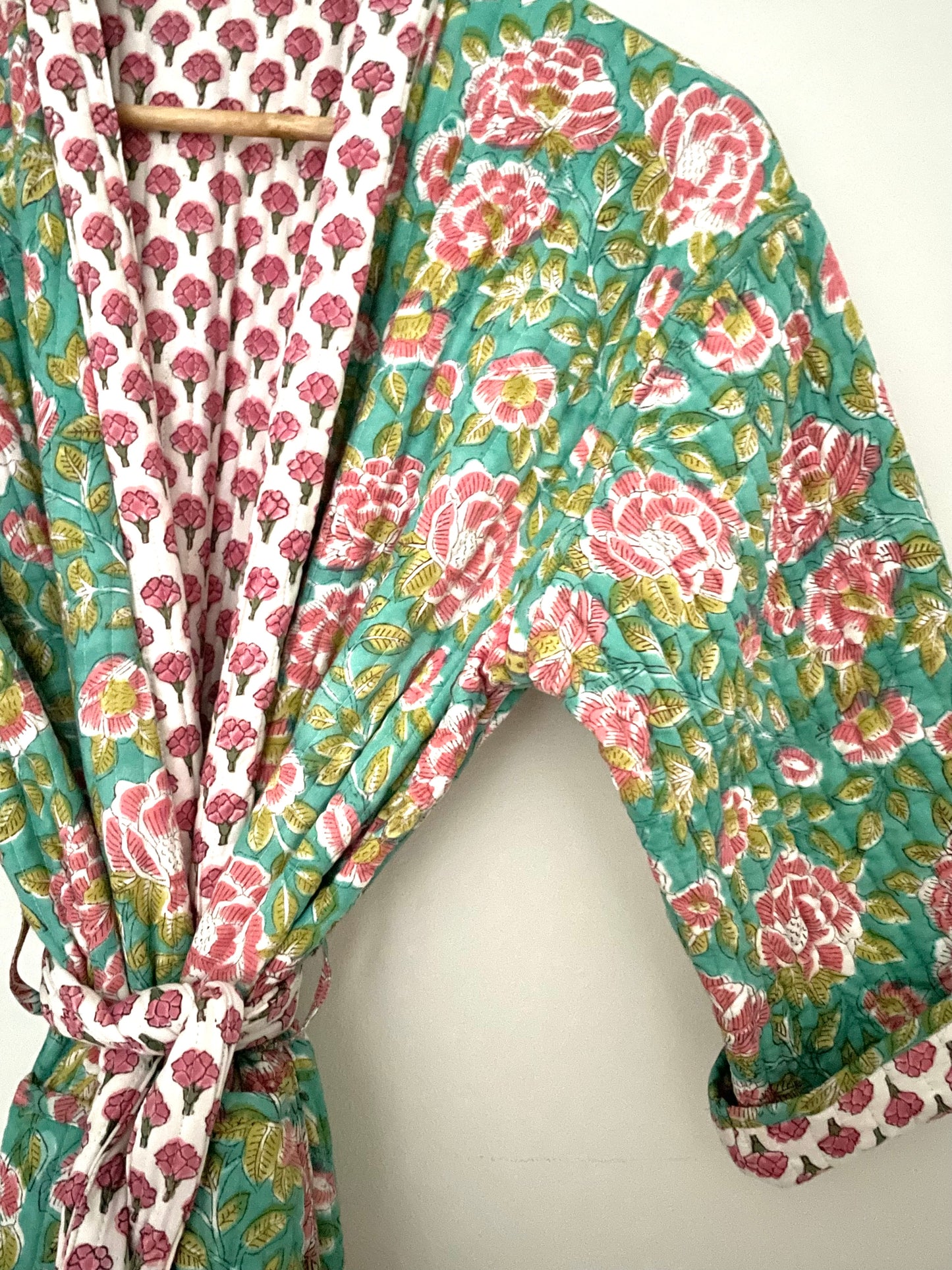 Pink Bouti and Green Jaal Reversible Quilted dressing gown/ House coat