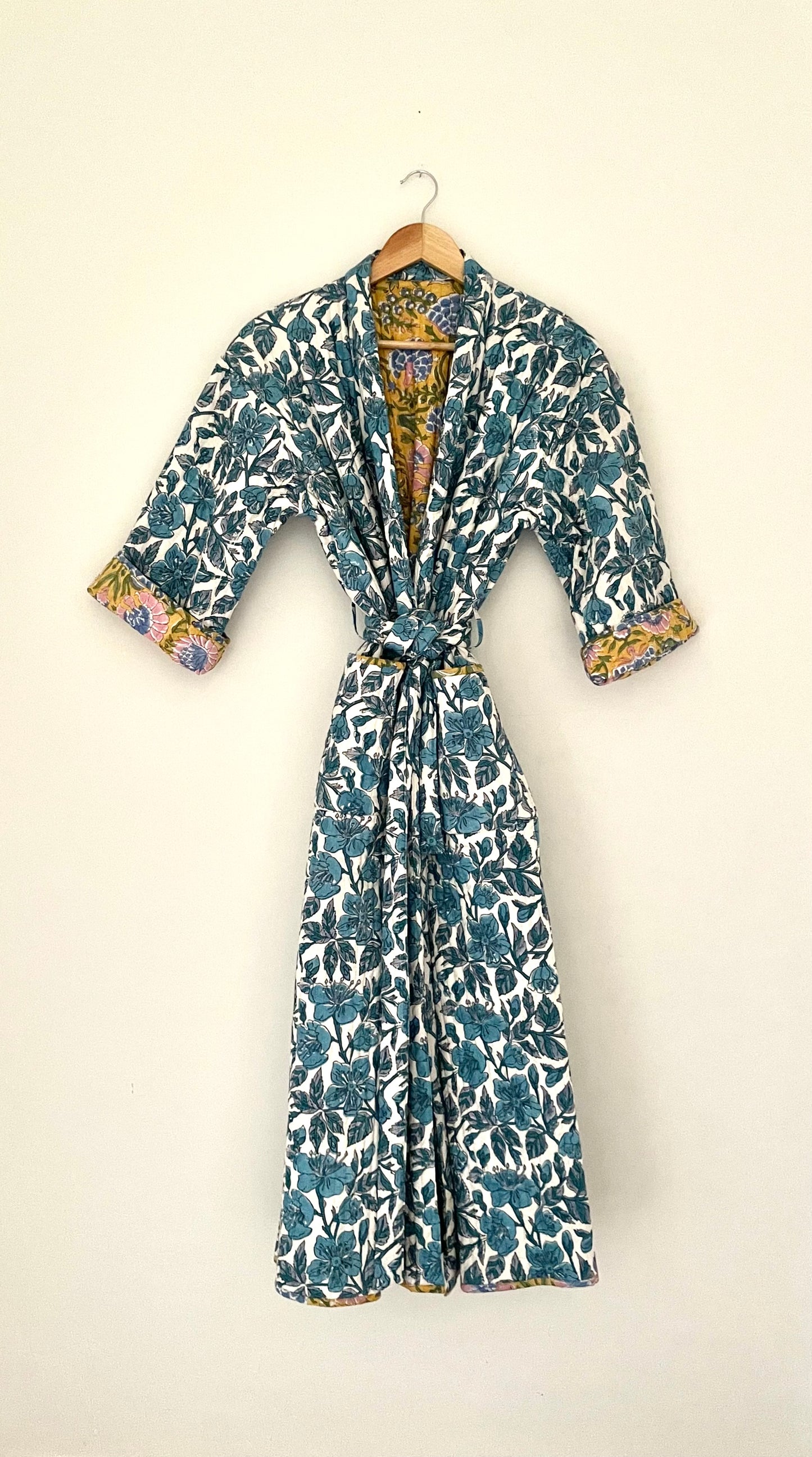 Blue Jaal and Yellow Reversible Quilted dressing gown/ House coat