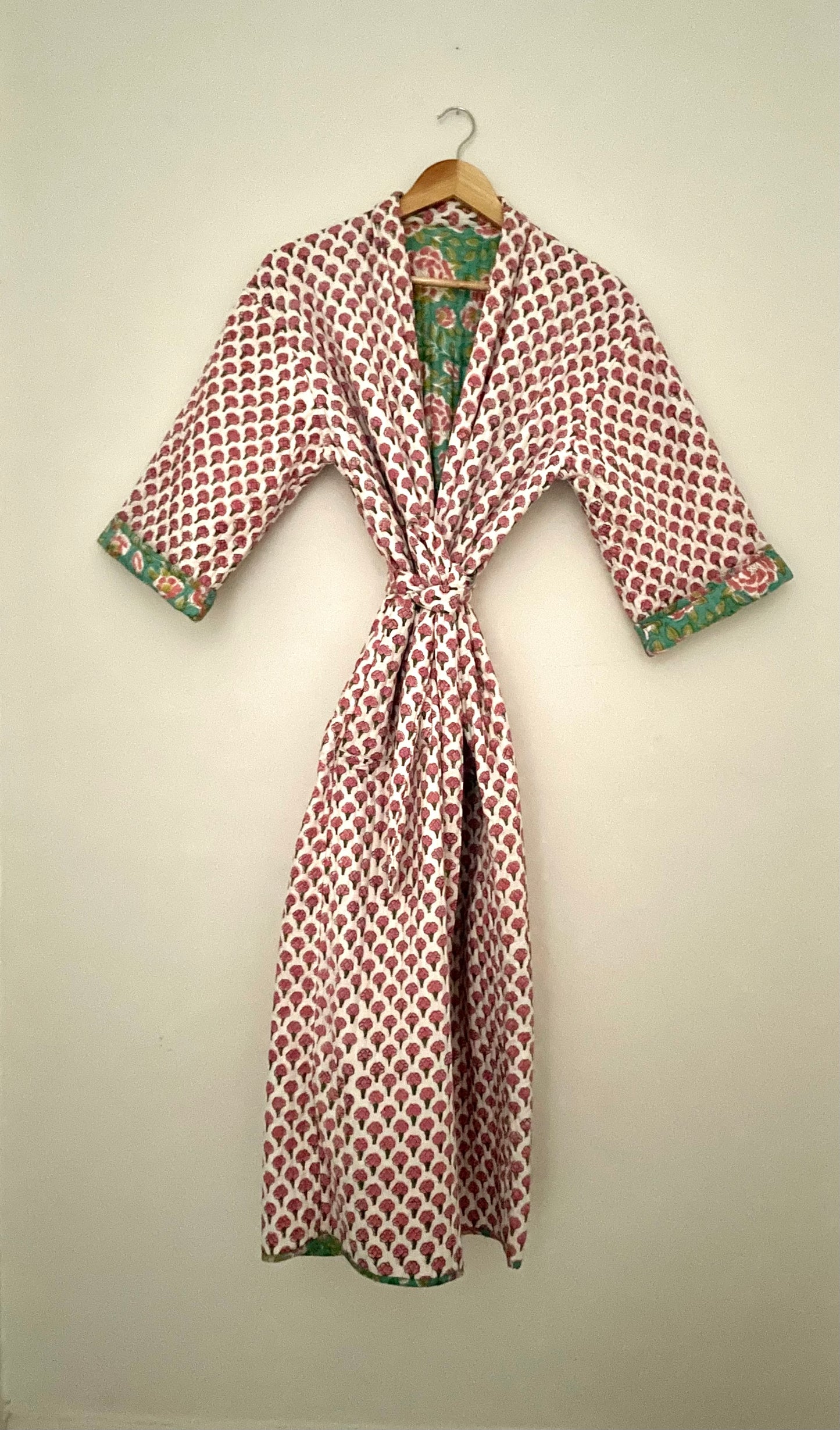 Pink Bouti and Green Jaal Reversible Quilted dressing gown/ House coat