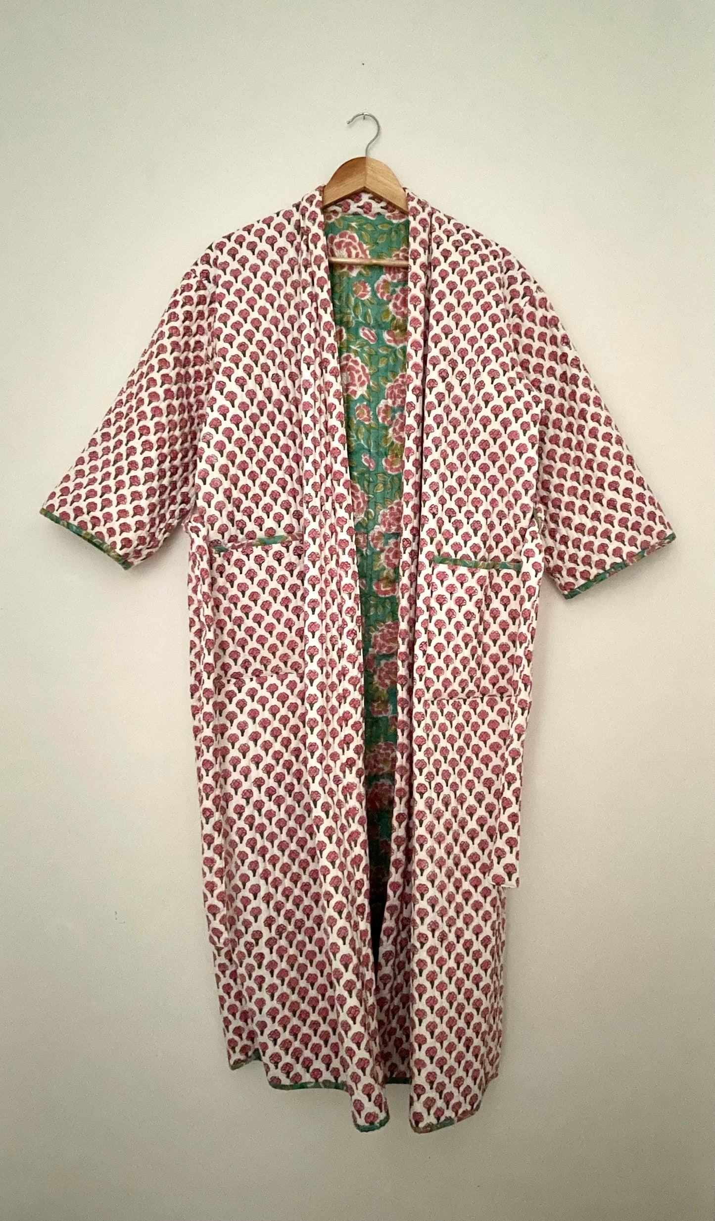 Pink Bouti and Green Jaal Reversible Quilted dressing gown/ House coat