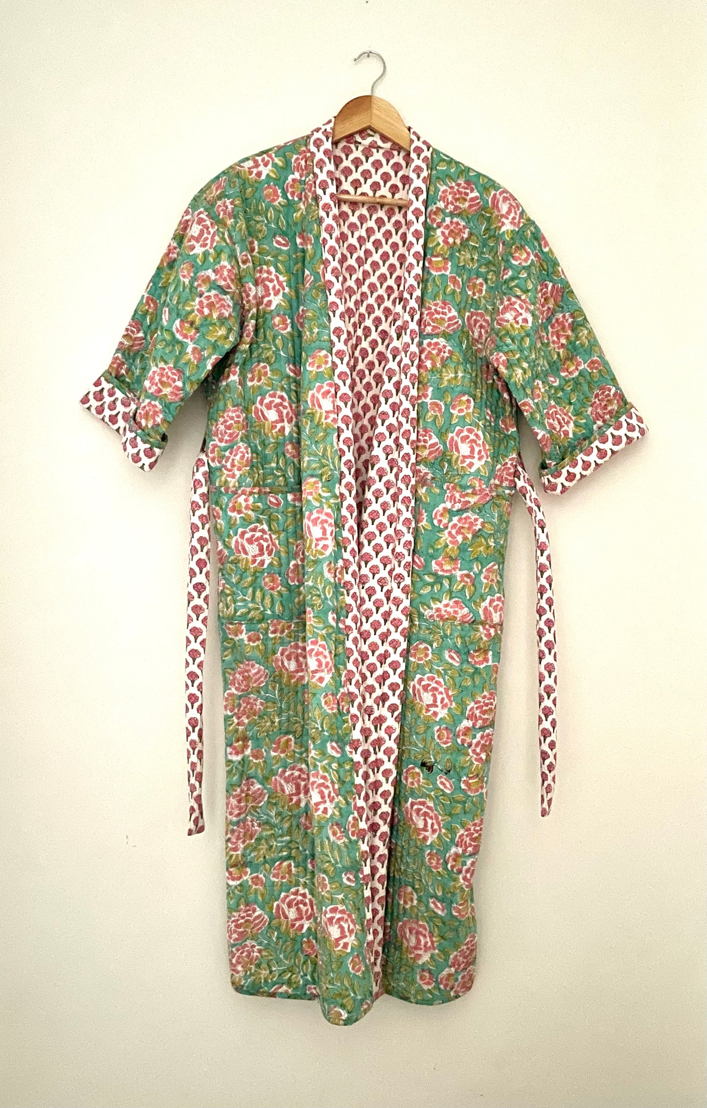 Pink Bouti and Green Jaal Reversible Quilted dressing gown/ House coat