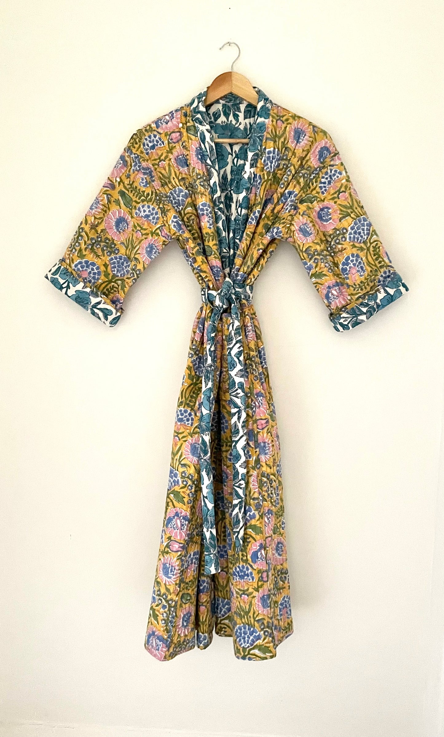 Blue Jaal and Yellow Reversible Quilted dressing gown/ House coat