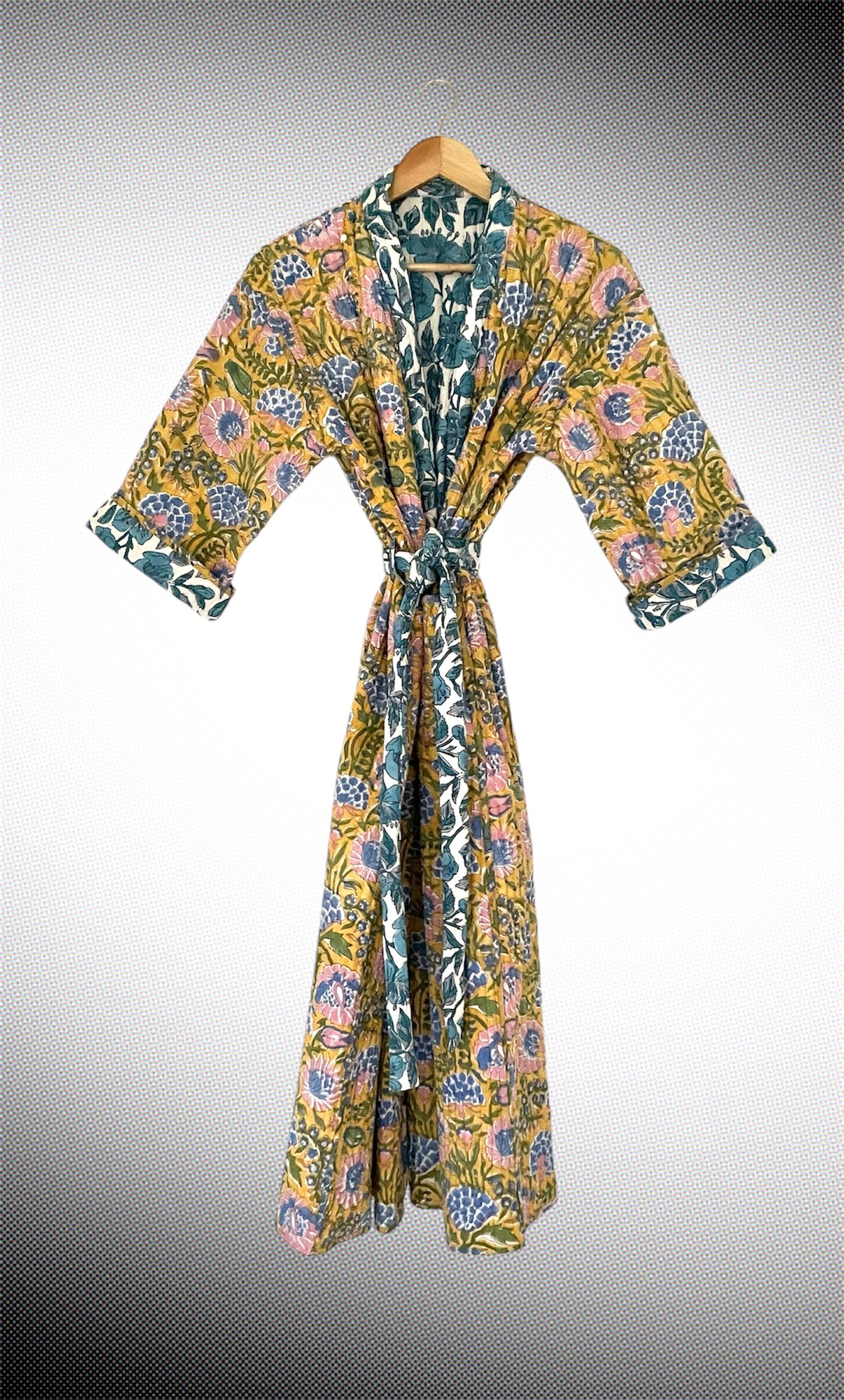 Blue Jaal and Yellow Reversible Quilted dressing gown/ House coat